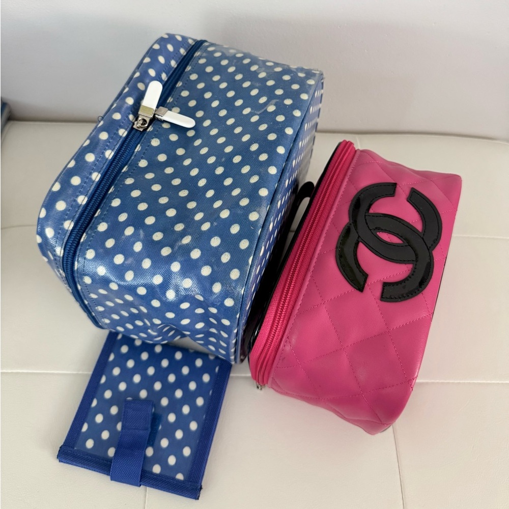 Set of 2 blue dot and Pink Quilted Cosmetic Bag with Black Logo